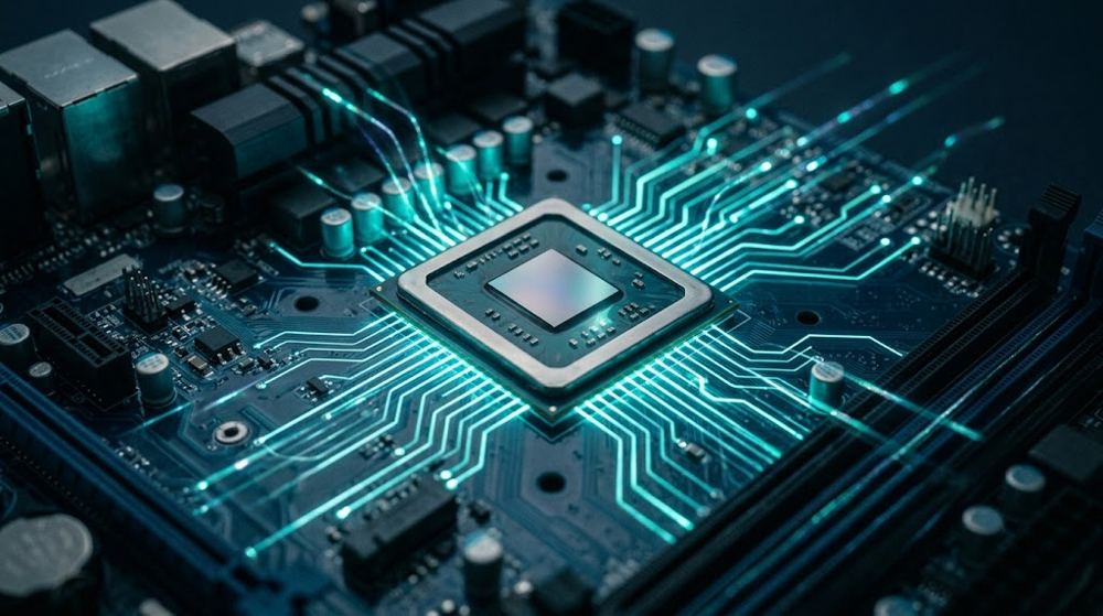 A glowing processor chip with light trails across a circuit board
