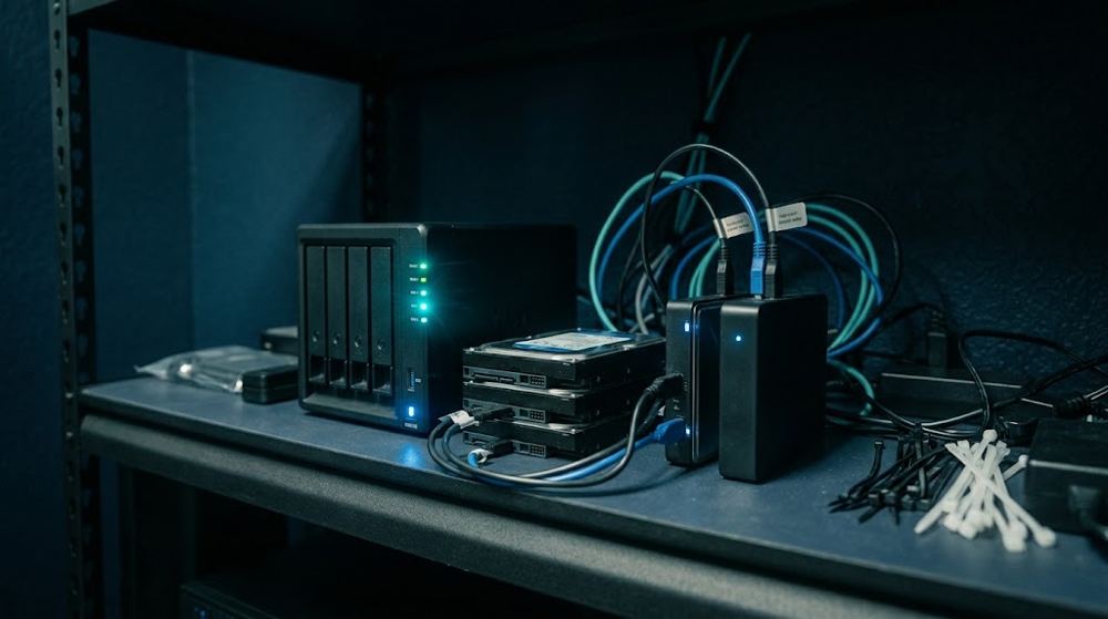External hard drives and a network storage box with glowing indicator lights