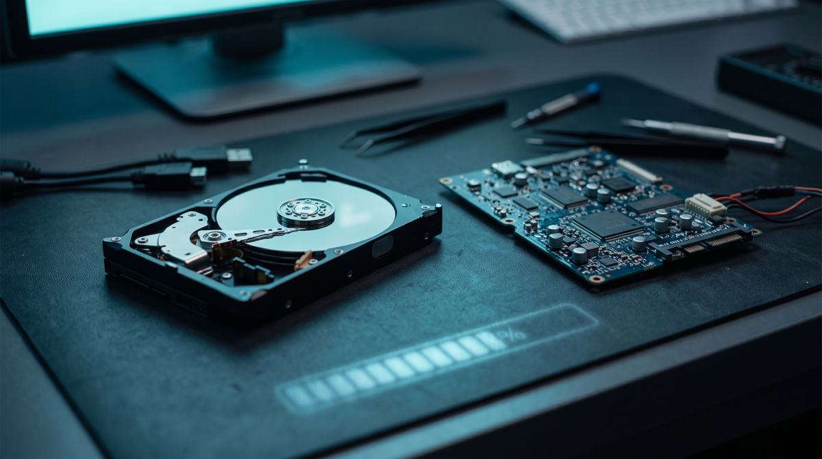 An open hard drive and circuit board on a dark workbench with a glowing data recovery progress bar